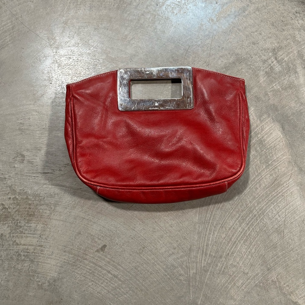 Christopher Kon Canadian Designer Red Leather Clutch with Heavy Metal Handle - Picture 3 of 13